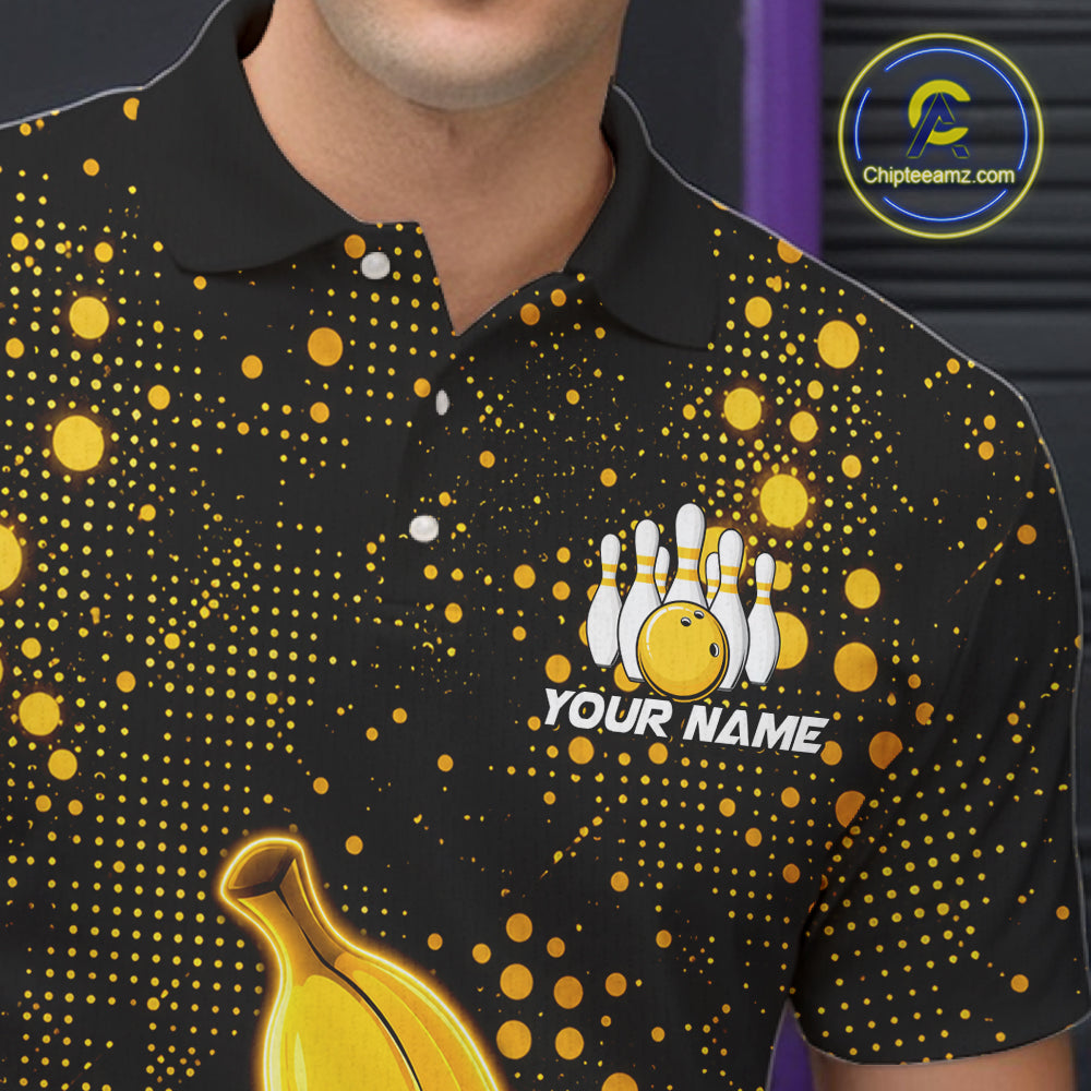 Close-up of black and yellow funny banana bowling team jersey polo shirt featuring collar, buttons and funny banana artwork.