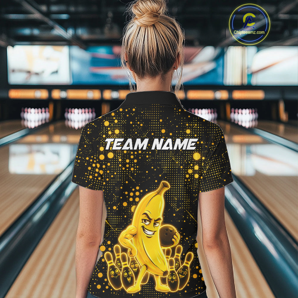 Woman wearing black and yellow funny banana bowling team jersey polo shirt featuring funny banana artwork, back view.