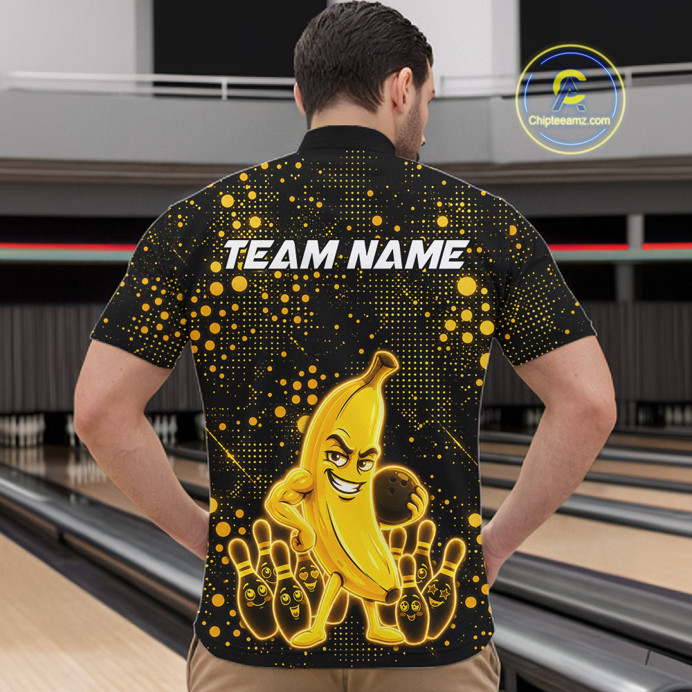 Man wearing black and yellow funny banana bowling team jersey quarter zip shirt featuring funny banana artwork, back view.