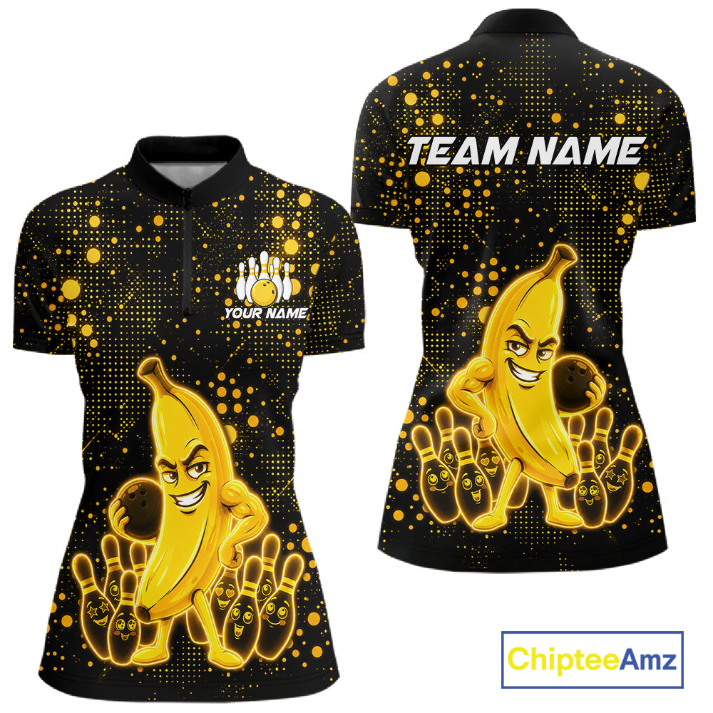 Black and yellow funny banana bowling team jersey quarter zip shirt for women featuring glowing funny banana bowling artwork, premium custom bowling apparel.