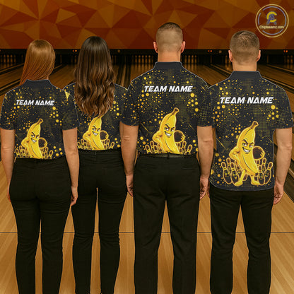 Bowling team wearing matching black and yellow funny banana bowling team jerseys, back view.