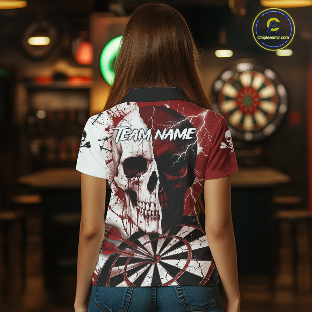 White & Red Skull Dartboard Custom Women Dart Polo Shirt Retro Grunge Dart League Jerseys NYN2083