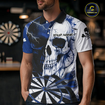 White & Blue Skull Dartboard Custom Men Dart Polo Shirt Retro Grunge Dart League Jerseys NYN2085