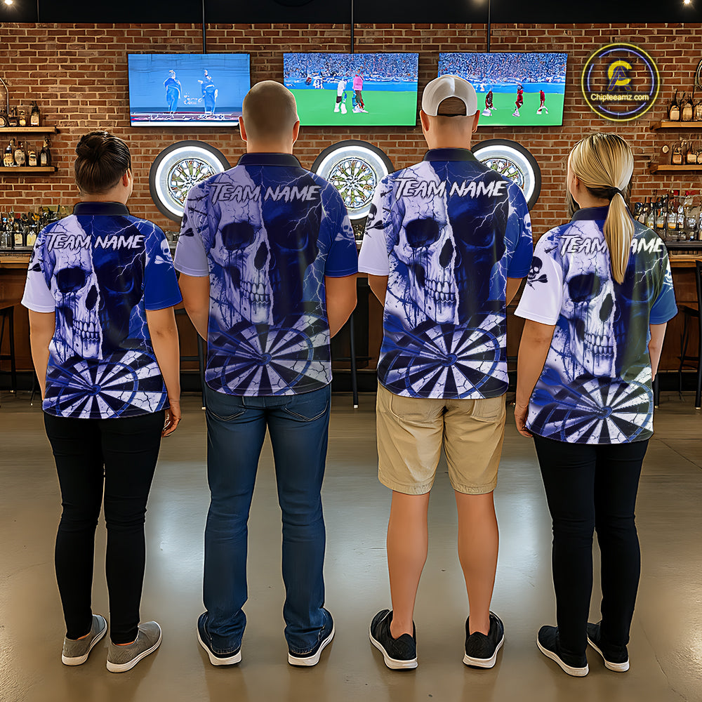 White & Blue Skull Dartboard Custom Women Dart Quarter-Zip Shirt Retro Grunge Dart League Jerseys NYN2085
