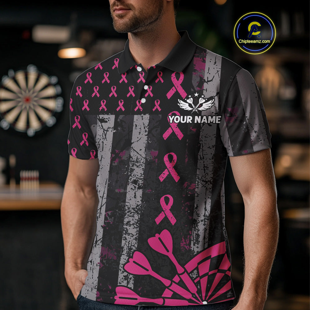 Personalized Grunge US Flag Pink Ribbon Patriotic Darts Shirt For Men, Breast Cancer Darts Jersey TDM4501