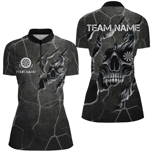 Personalized Skull Black Grunge Darts Polo And Quarter-Zip Shirts For Women Custom Darts Team Jerseys TDM2430