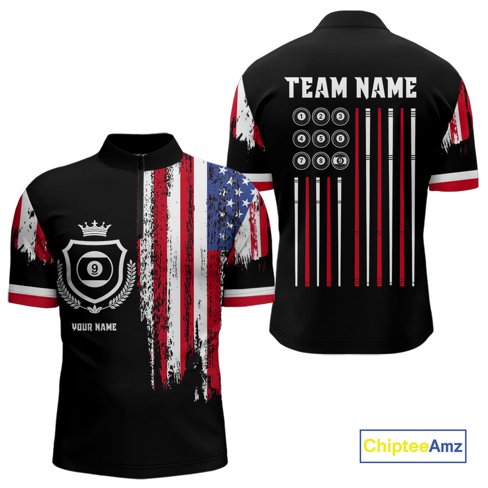 Personalized Grunge American Flag 9 Ball Pool Team Shirt For Men Custom Patriotic Billiard Shirts TDM4733