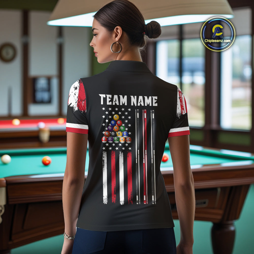 Personalized Grunge American Flag 9 Ball Pool Team Shirt For Women Custom Patriotic Billiard Shirts TDM4734
