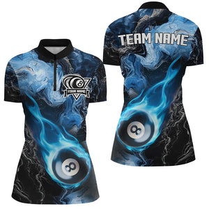 Blue 8 Ball Pool Fire Flame Abstract Pattern Custom Billiard Shirts For Women, Billiard Team Jerseys TDM2667