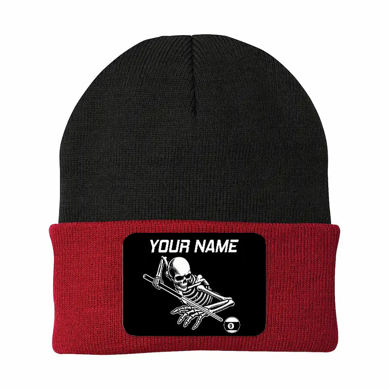 Personalized Skull 9 Ball Billiard Knit Beanie Hat With Rectangle Patch Custom Billiard Knit Cap TDM4941