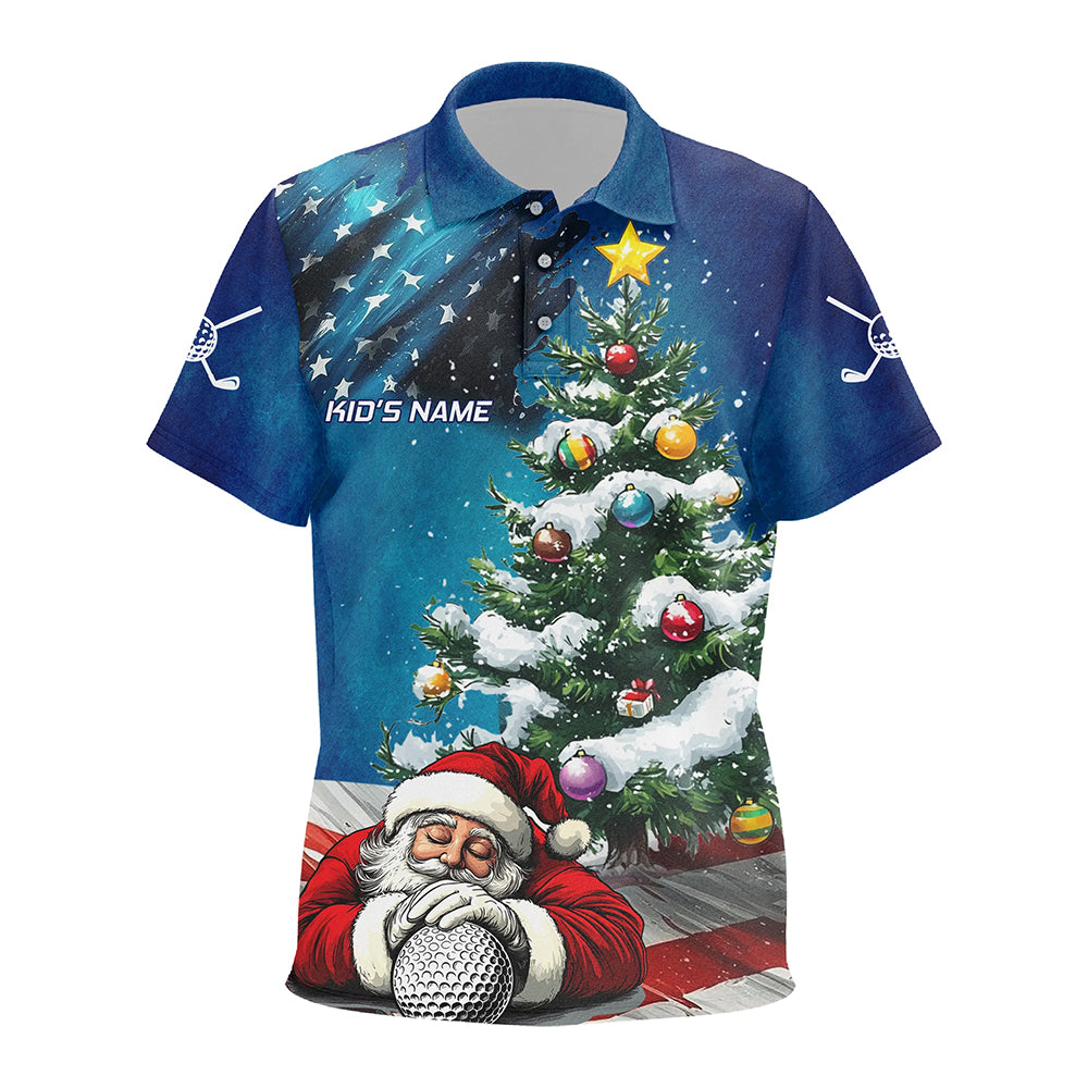 American Flag Christmas Golf Polo Shirts For Kid Custom Santa Christmas Pine Tree Funny Golf Shirts TDM3160