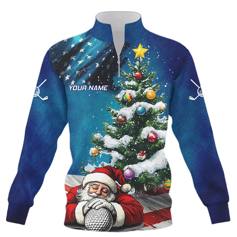 American Flag Christmas Quarter Zip Golf Sweatshirt Custom Santa Xmas Pine Tree Funny Golf Sweater TDM3160