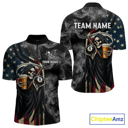 US Flag Grim Reaper Smoke Billiard Shirt For Men Custom 8 Ball Pool Team Jersey Polo & 1/4 Zip TDM6258