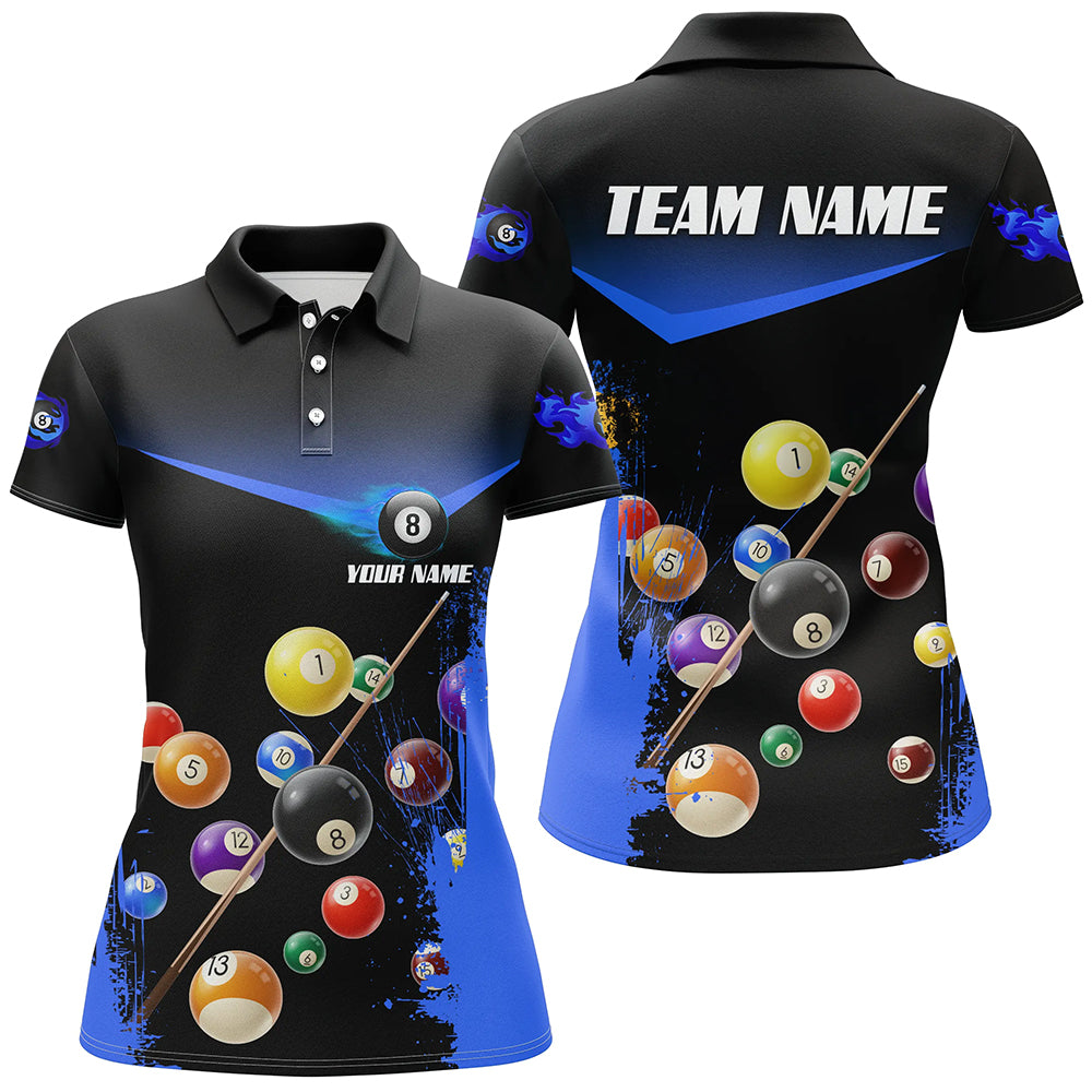Custom Grunge Blue 8 Ball Pool Women Polo Shirts Personalized Name 3D Billiard Shirts For Pooler TDM0305