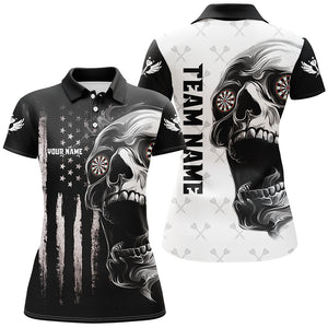 Black White Retro US Flag Skull Darts Polo & Quarter Zip Custom Darts Shirts For Women Darts Jerseys TDM2679