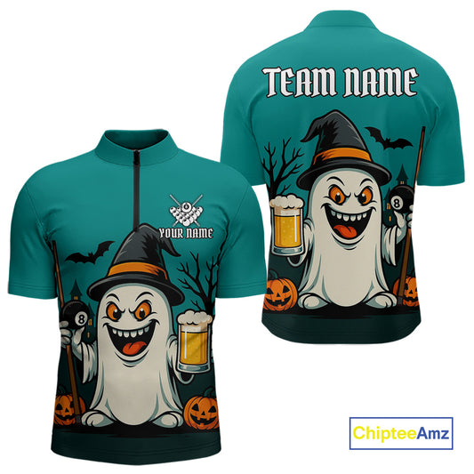 Custom Billiard Shirt Halloween Ghostly Beer Polo & 1/4 Zip For Men, Funny 8 Ball Pool Team Jersey TDM4943