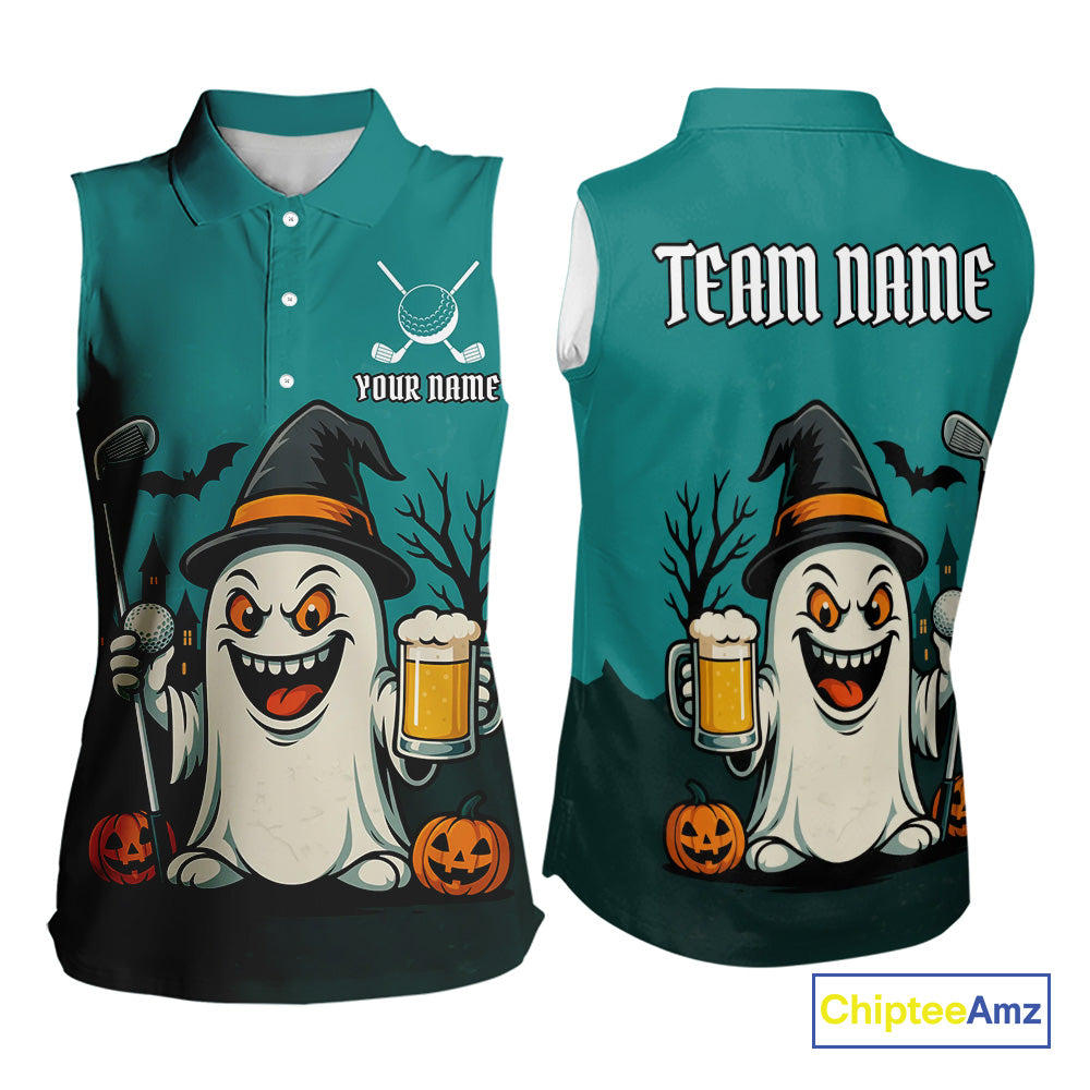 Funny Ghostly Beer Golf Sleeveless Polo Shirt For Women Custom Halloween Ladies Golf Outfit TDM4944