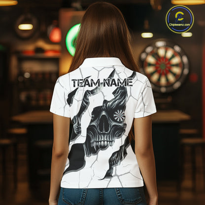 Personalized Skull White Grunge Darts Polo And Quarter-Zip Shirts For Women Custom Dart Team Jerseys TDM2922