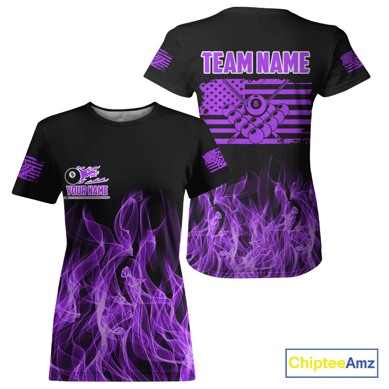 Purple Flaming American Flag Billiard T-Shirt For Women Custom Patriotic Pool Player Billiard Jersey TDM3164