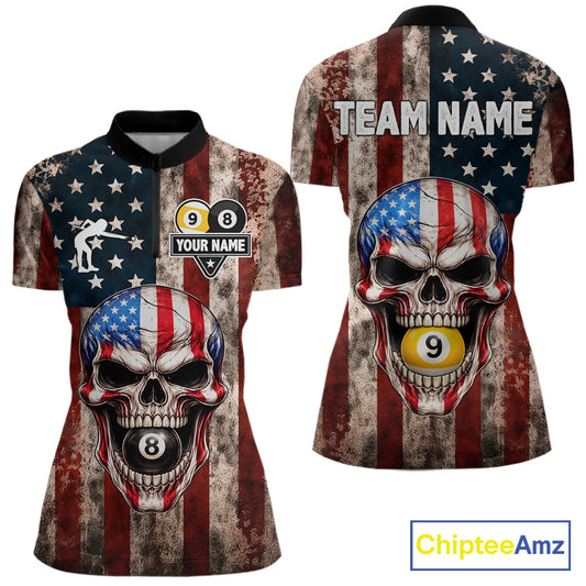 Vintage American Flag Skull 8 Ball 9 Ball Billiard Shirt For Women Custom Patriotic Pool Team Jersey TDM5656