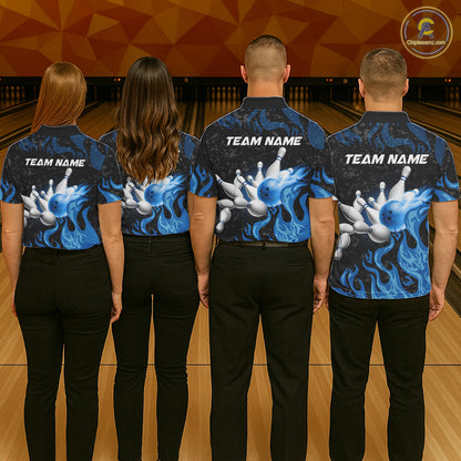 Blue Flaming Bowling Jersey For Men Custom Fire Bowling Pin Team Jersey Polo & Quarter Zip Shirts TDM6267