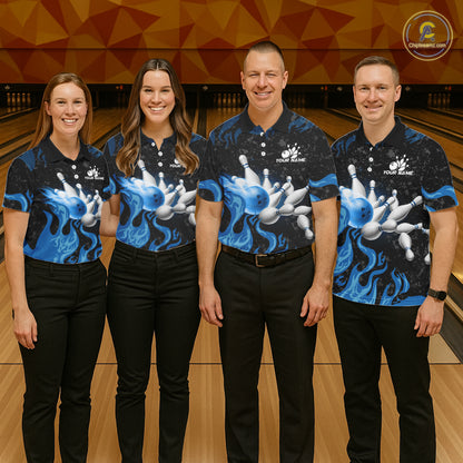 Blue Flaming Bowling Jersey For Men Custom Fire Bowling Pin Team Jersey Polo & Quarter Zip Shirts TDM6267