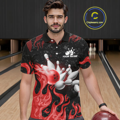 Red Flaming Bowling Jersey For Men Custom Fire Bowling Pin Team Jersey Polo & Quarter Zip Shirts TDM6268