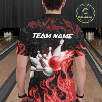 Red Flaming Bowling Jersey For Men Custom Fire Bowling Pin Team Jersey Polo & Quarter Zip Shirts TDM6268