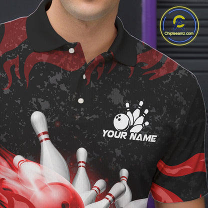 Red Flaming Bowling Jersey For Men Custom Fire Bowling Pin Team Jersey Polo & Quarter Zip Shirts TDM6268