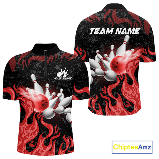 Red Flaming Bowling Jersey For Men Custom Fire Bowling Pin Team Jersey Polo & Quarter Zip Shirts TDM6268