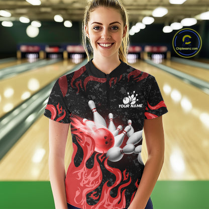 Red Flaming Bowling Jersey For Women Custom Fire Bowling Pin Team Jersey Polo & Quarter Zip Shirts TDM6268