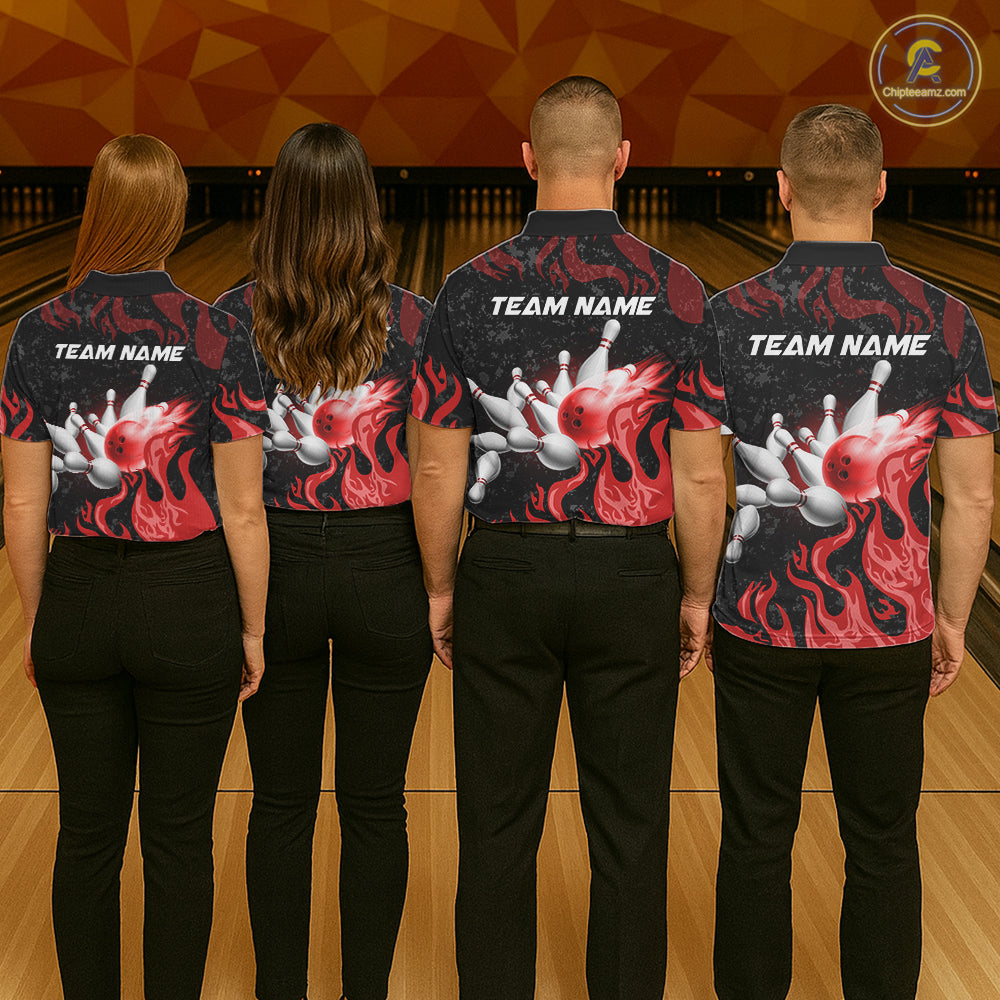 Red Flaming Bowling Jersey For Men Custom Fire Bowling Pin Team Jersey Polo & Quarter Zip Shirts TDM6268