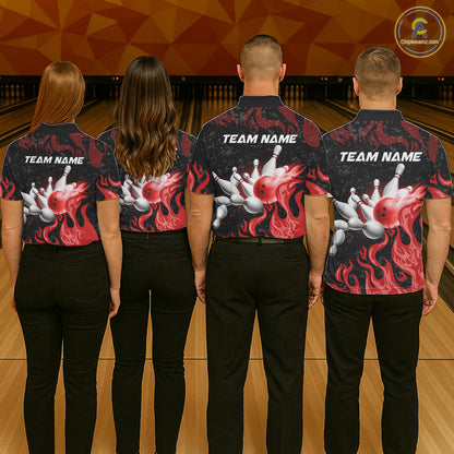 Red Flaming Bowling Jersey For Men Custom Fire Bowling Pin Team Jersey Polo & Quarter Zip Shirts TDM6268