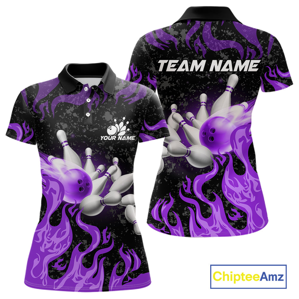 Purple Flaming Bowling Jersey For Women Custom Fire Bowling Pin Team Jersey Polo & Quarter Zip TDM6269