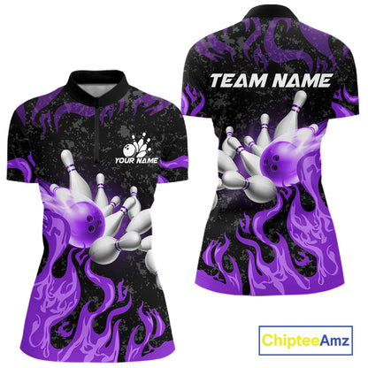 Purple Flaming Bowling Jersey For Women Custom Fire Bowling Pin Team Jersey Polo & Quarter Zip TDM6269