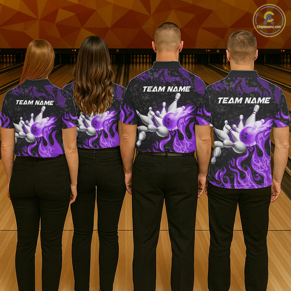 Purple Flaming Bowling Jersey For Men Custom Fire Bowling Pin Team Jersey Polo & Quarter Zip TDM6269