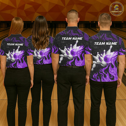 Purple Flaming Bowling Jersey For Men Custom Fire Bowling Pin Team Jersey Polo & Quarter Zip TDM6269