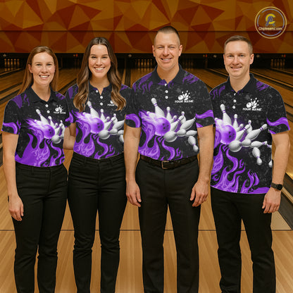 Purple Flaming Bowling Jersey For Men Custom Fire Bowling Pin Team Jersey Polo & Quarter Zip TDM6269