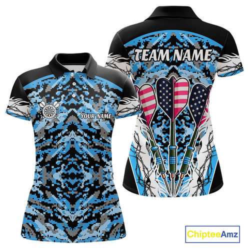 Blue Grunge Camo Funny US Flag Arrows Darts Shirt For Women Custom Darts Jersey Team Shirts TDM4524