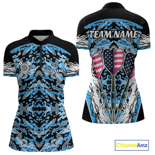 Blue Grunge Camo Funny US Flag Arrows Darts Shirt For Women Custom Darts Jersey Team Shirts TDM4524