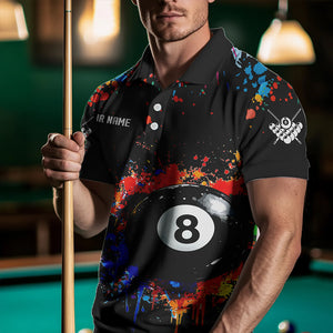 Funny 8 Ball Pool Colorful Paint Splash Custom Billiard Shirt For Men, Billiard Team Jersey | Black TDM3377