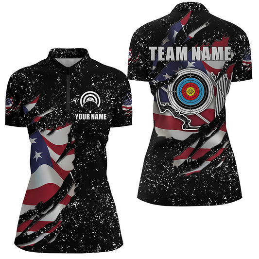 Grunge American Flag Archery Sets Women Quarter-Zip Shirts Custom Patriotic Archery Jersey TDM1388