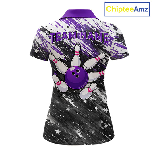 Personalized Grunge Bowling Shirt For Women Custom Bowling Polo & 1/4 Zip, Bowling Uniform |Purple TDM6274