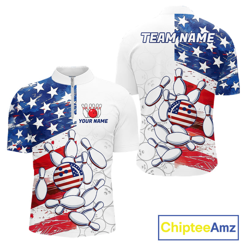 American Flag Patriotic Bowling Shirt For Men Custom Bowling Polo & Quarter Zip Team Shirts TDM6276