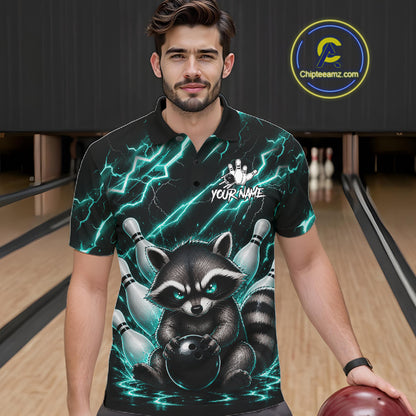 Man wearing a turquoise neon lightning raccoon bowling polo shirt at a bowling alley front view.