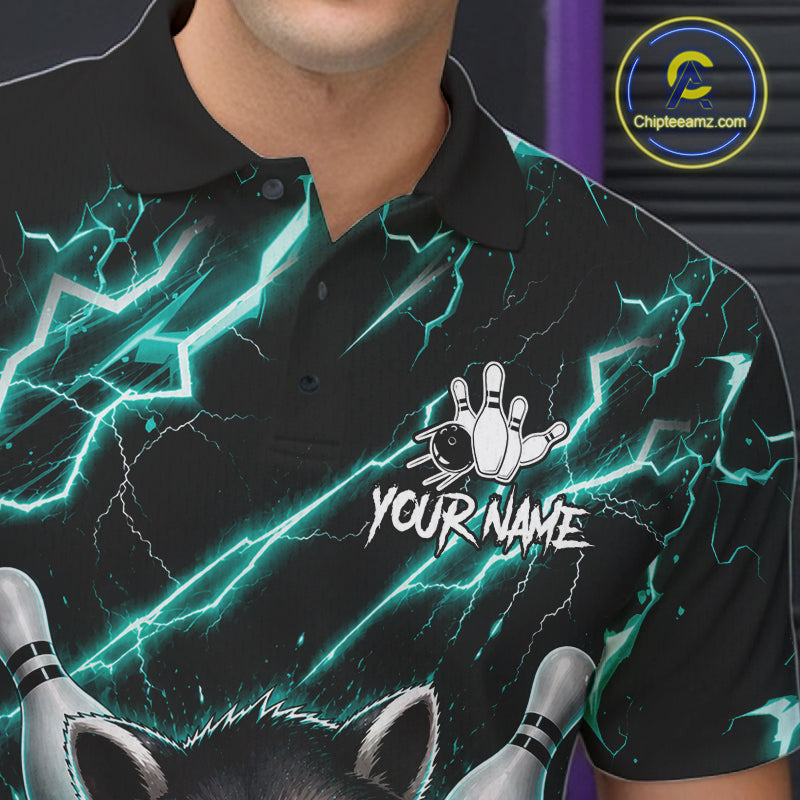Close-up of a turquoise neon raccoon bowling polo shirt collar, buttons, and lightning artwork.
