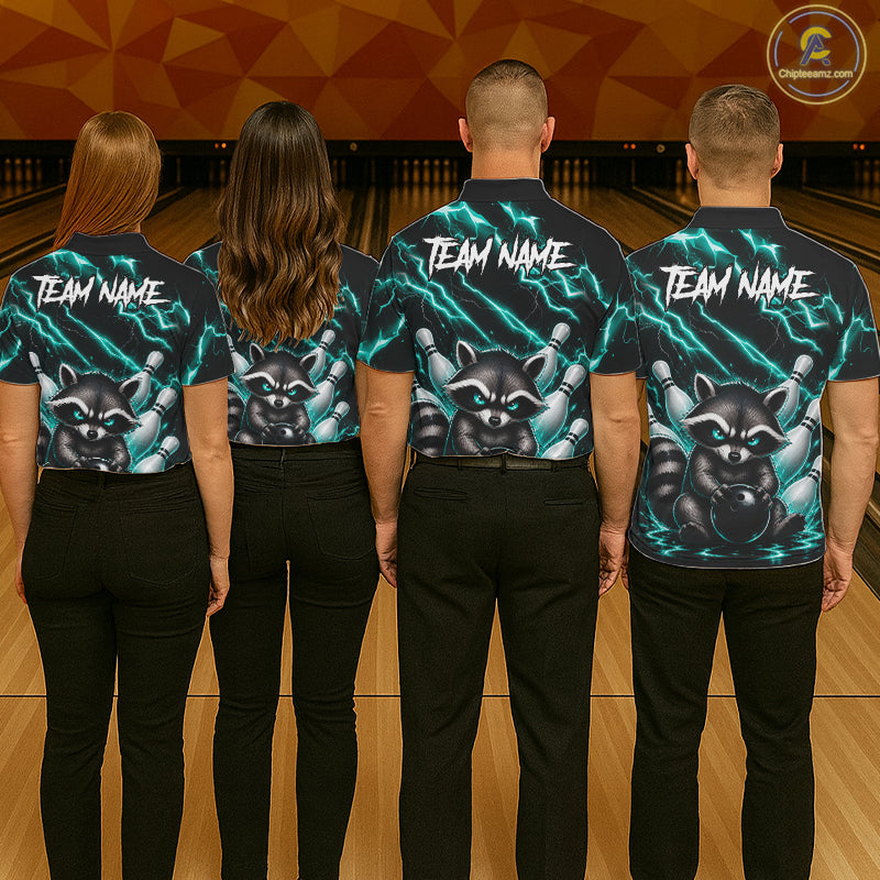 Back view of bowling team wearing matching turquoise neon raccoon bowling shirts in a bowling alley.