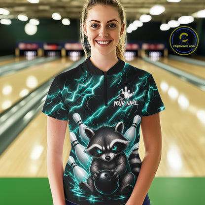 Woman wearing a turquoise neon lightning raccoon bowling quarter zip jersey during league competition front view.