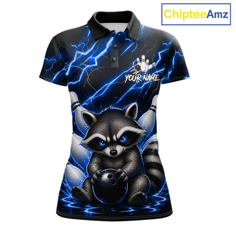 Blue neon lightning raccoon bowling polo shirt for women with custom bowling team graphics.