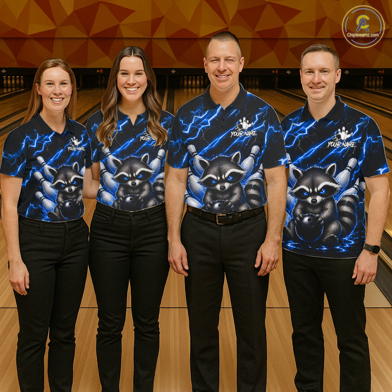 Bowling team wearing matching blue neon lightning raccoon bowling jerseys during tournament matches front view.